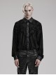 Gothic Style Leather Knitted Fabric Splicing Unique Flocking Pattern Skull Button Black Long Sleeves Shirt