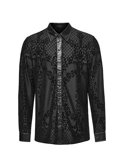 Gothic Style Leather Knitted Fabric Splicing Unique Flocking Pattern Skull Button Black Long Sleeves Shirt