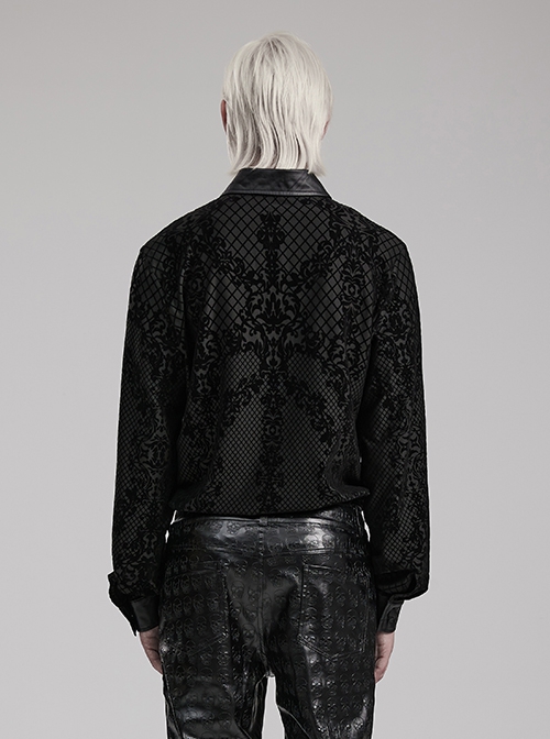 Gothic Style Leather Knitted Fabric Splicing Unique Flocking Pattern Skull Button Black Long Sleeves Shirt
