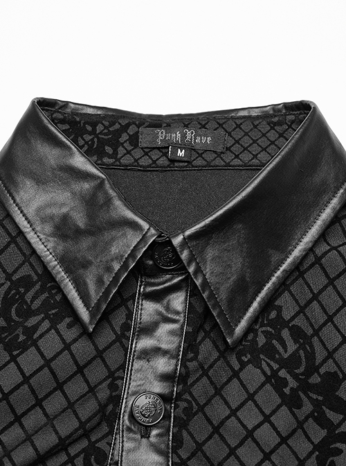 Gothic Style Leather Knitted Fabric Splicing Unique Flocking Pattern Skull Button Black Long Sleeves Shirt