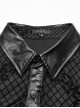 Gothic Style Leather Knitted Fabric Splicing Unique Flocking Pattern Skull Button Black Long Sleeves Shirt
