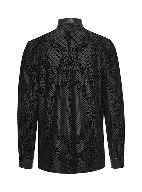 Gothic Style Leather Knitted Fabric Splicing Unique Flocking Pattern Skull Button Black Long Sleeves Shirt