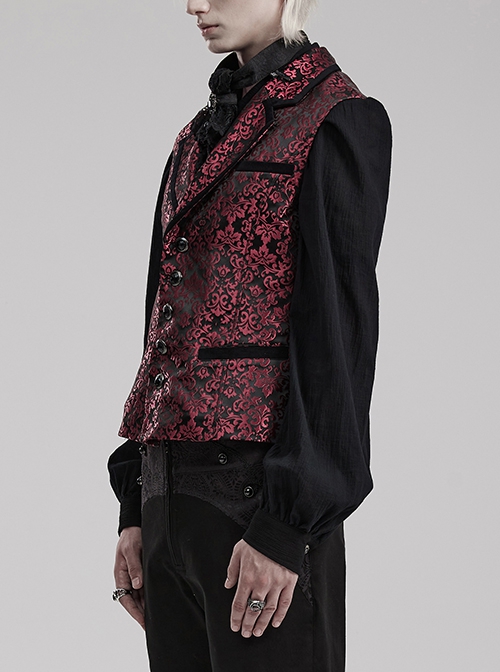Gothic Style Elegant Lapel Jacquard Dark Pattern Velvet Vintage Gem Buttons Black Red Gentleman Vest
