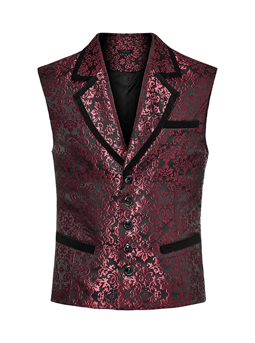 Gothic Style Elegant Lapel Jacquard Dark Pattern Velvet Vintage Gem Buttons Black Red Gentleman Vest