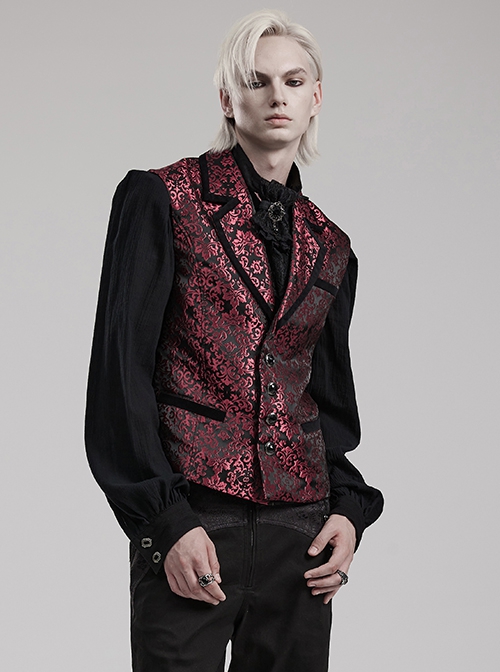 Gothic Style Elegant Lapel Jacquard Dark Pattern Velvet Vintage Gem Buttons Black Red Gentleman Vest