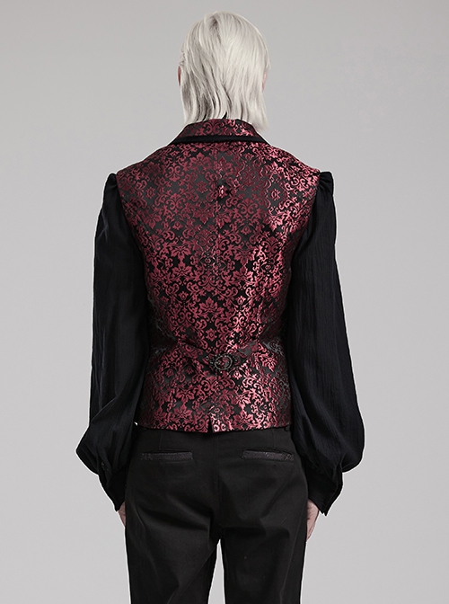 Gothic Style Elegant Lapel Jacquard Dark Pattern Velvet Vintage Gem Buttons Black Red Gentleman Vest