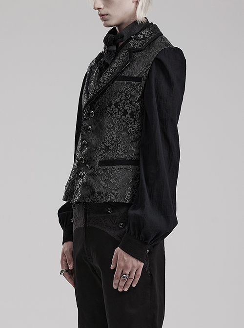 Gothic Style Vintage Lapel Jacquard Splicing Velvet Luxury Gem Buttons Gorgeous Black Gentleman Vest