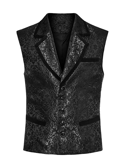 Gothic Style Vintage Lapel Jacquard Splicing Velvet Luxury Gem Buttons Gorgeous Black Gentleman Vest