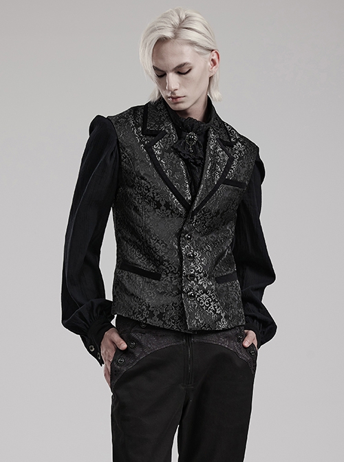 Gothic Style Vintage Lapel Jacquard Splicing Velvet Luxury Gem Buttons Gorgeous Black Gentleman Vest