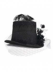 Gothic Style Exquisite Mesh Lace Ribbon Three Dimensional Flower Feather Decoration Black Mid High Hat