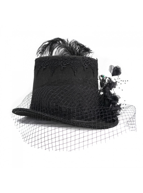 Gothic Style Exquisite Mesh Lace Ribbon Three Dimensional Flower Feather Decoration Black Mid High Hat