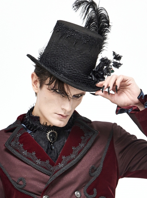 Gothic Style Exquisite Mesh Lace Ribbon Three Dimensional Flower Feather Decoration Black Mid High Hat