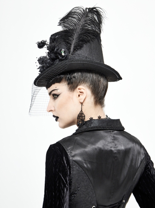 Gothic Style Exquisite Mesh Lace Ribbon Three Dimensional Flower Feather Decoration Black Mid High Hat