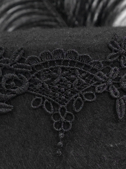 Gothic Style Exquisite Mesh Lace Ribbon Three Dimensional Flower Feather Decoration Black Mid High Hat