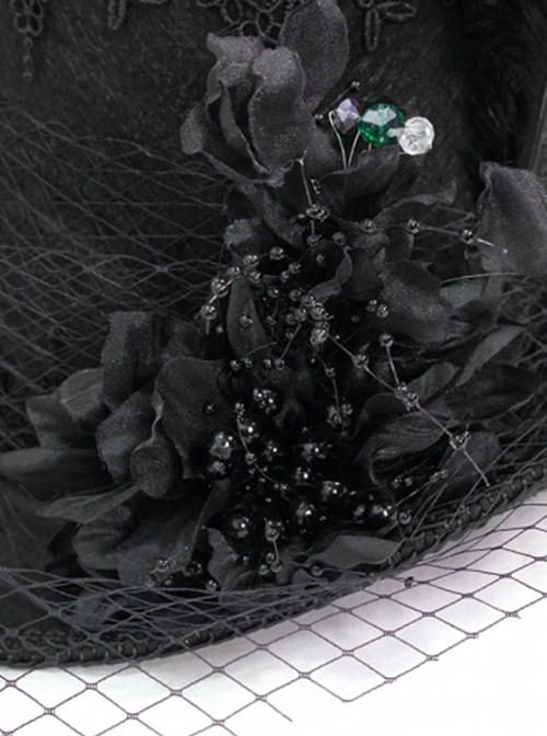 Gothic Style Exquisite Mesh Lace Ribbon Three Dimensional Flower Feather Decoration Black Mid High Hat