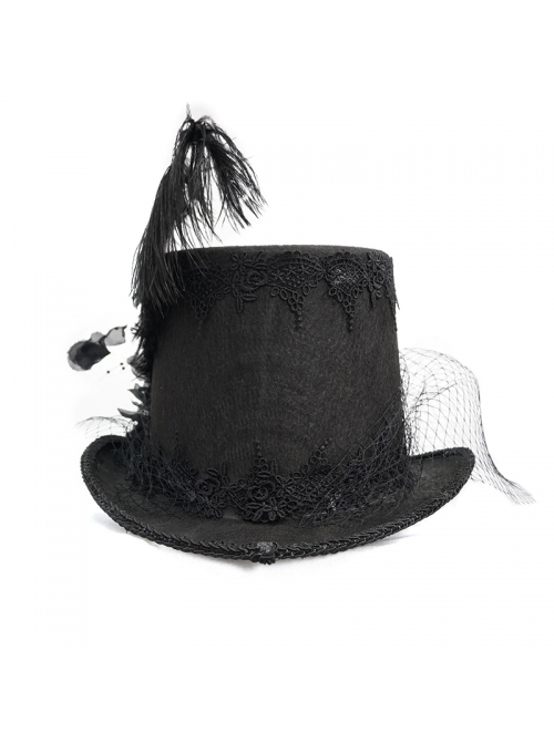 Gothic Style Exquisite Mesh Lace Ribbon Three Dimensional Flower Feather Decoration Black Mid High Hat