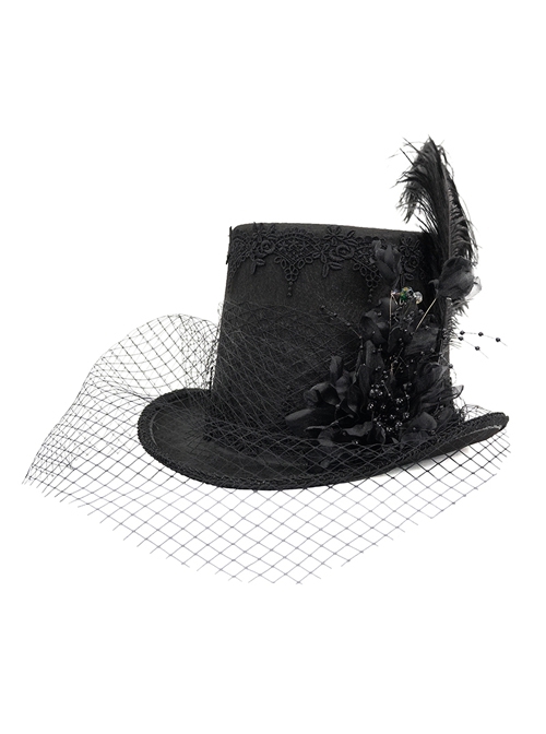 Gothic Style Exquisite Mesh Lace Ribbon Three Dimensional Flower Feather Decoration Black Mid High Hat