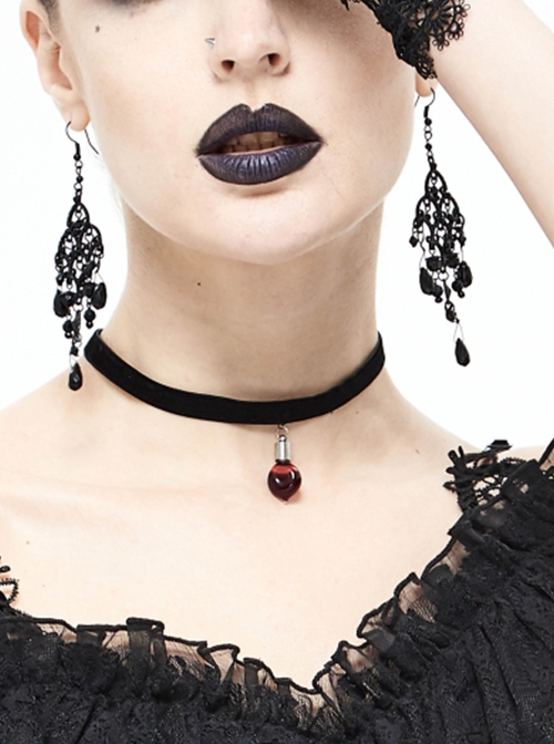 Gothic Style Simple Flocking Ribbon With Love Glass Pendant Decoration Black Adjustable Necklace
