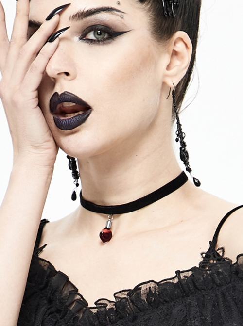 Gothic Style Simple Flocking Ribbon With Love Glass Pendant Decoration Black Adjustable Necklace