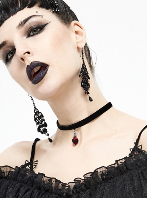 Gothic Style Simple Flocking Ribbon With Love Glass Pendant Decoration Black Adjustable Necklace