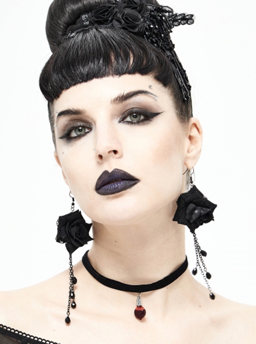 Gothic Style Exquisite Glass Pendant With Three-Dimensional Rose Black Ladies Sexy Long Earrings