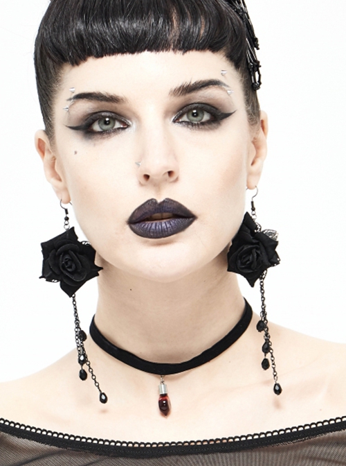 Gothic Style Exquisite Glass Pendant With Three-Dimensional Rose Black Ladies Sexy Long Earrings