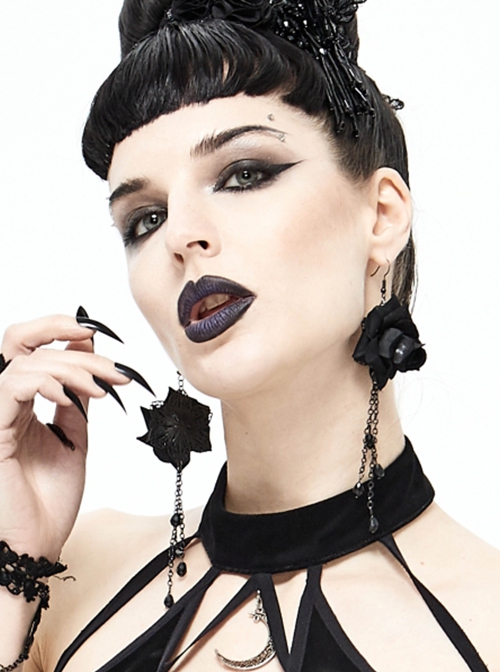Gothic Style Exquisite Glass Pendant With Three-Dimensional Rose Black Ladies Sexy Long Earrings