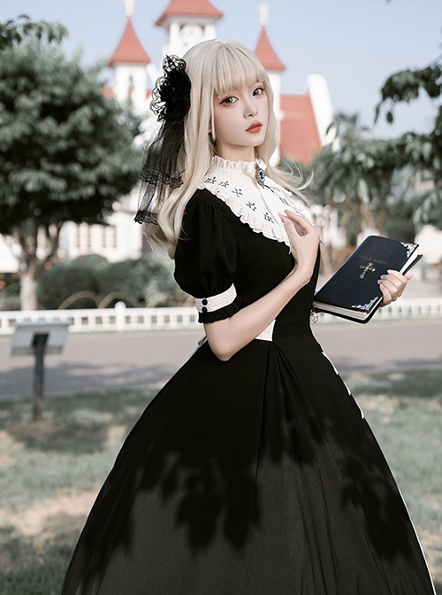Black White French Square Collar High Waist Detachable Clock Fake Collar Classic Lolita Puff Sleeves Long Dress