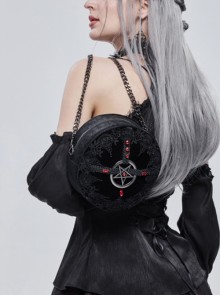 Gothic Style Exquisite Lace Ribbon With Red Diamond Metal Five Pointed Star Decoration Black Pattern Leather Round Bag