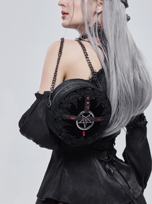 Gothic Style Exquisite Lace Ribbon With Red Diamond Metal Five Pointed Star Decoration Black Pattern Leather Round Bag