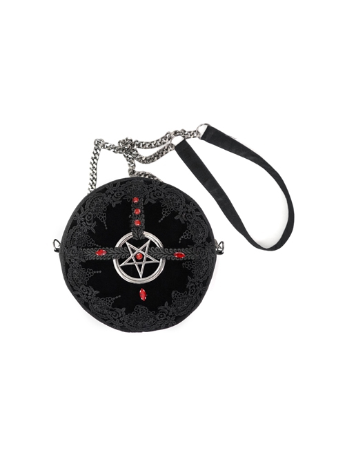 Gothic Style Exquisite Lace Ribbon With Red Diamond Metal Five Pointed Star Decoration Black Pattern Leather Round Bag
