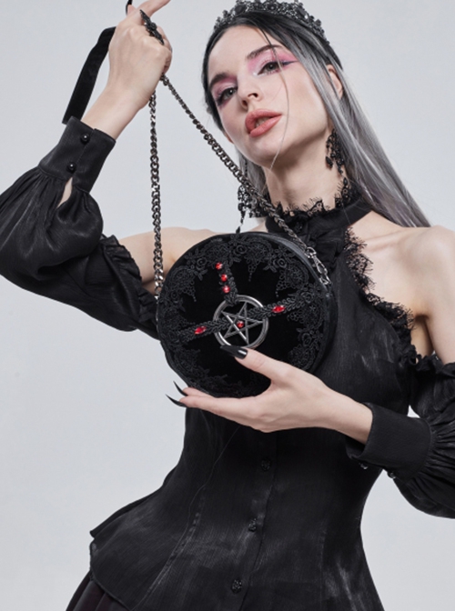 Gothic Style Exquisite Lace Ribbon With Red Diamond Metal Five Pointed Star Decoration Black Pattern Leather Round Bag