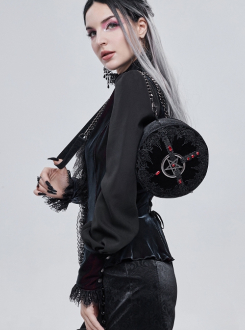 Gothic Style Exquisite Lace Ribbon With Red Diamond Metal Five Pointed Star Decoration Black Pattern Leather Round Bag