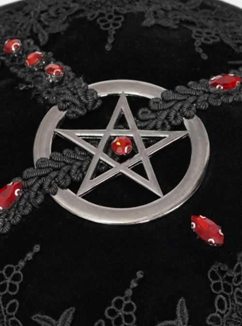 Gothic Style Exquisite Lace Ribbon With Red Diamond Metal Five Pointed Star Decoration Black Pattern Leather Round Bag