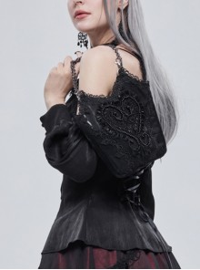 Gothic Style Lace Applique Beaded Front Center Decoration Adjustable Strap Black Daily Simple Bag