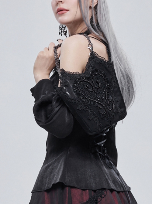 Gothic Style Lace Applique Beaded Front Center Decoration Adjustable Strap Black Daily Simple Bag