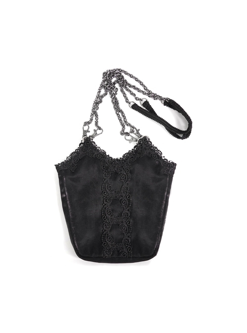 Gothic Style Lace Applique Beaded Front Center Decoration Adjustable Strap Black Daily Simple Bag