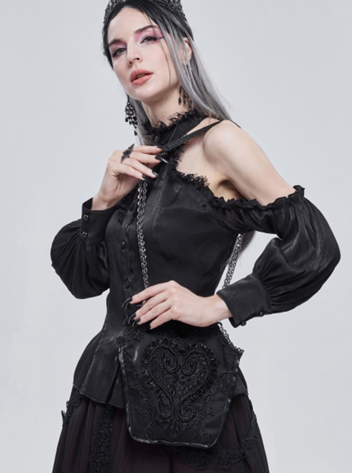 Gothic Style Lace Applique Beaded Front Center Decoration Adjustable Strap Black Daily Simple Bag