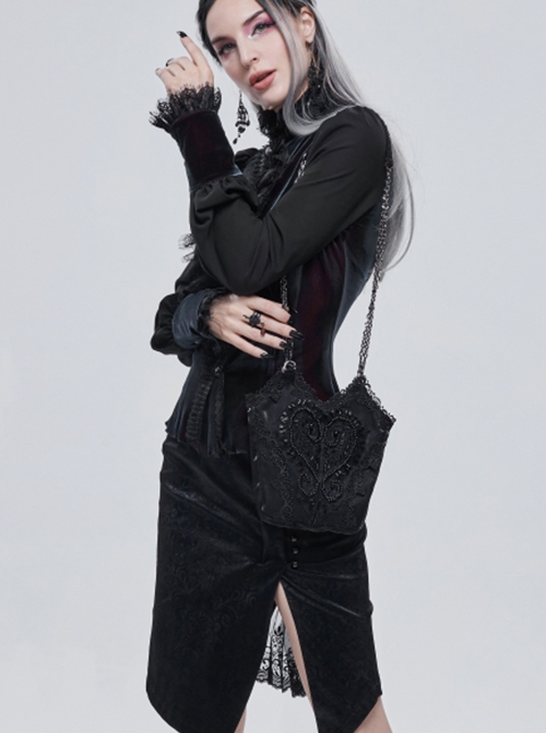 Gothic Style Lace Applique Beaded Front Center Decoration Adjustable Strap Black Daily Simple Bag