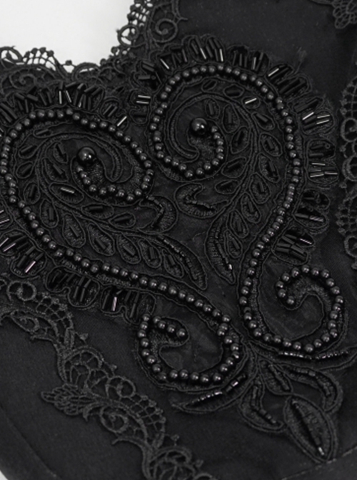 Gothic Style Lace Applique Beaded Front Center Decoration Adjustable Strap Black Daily Simple Bag