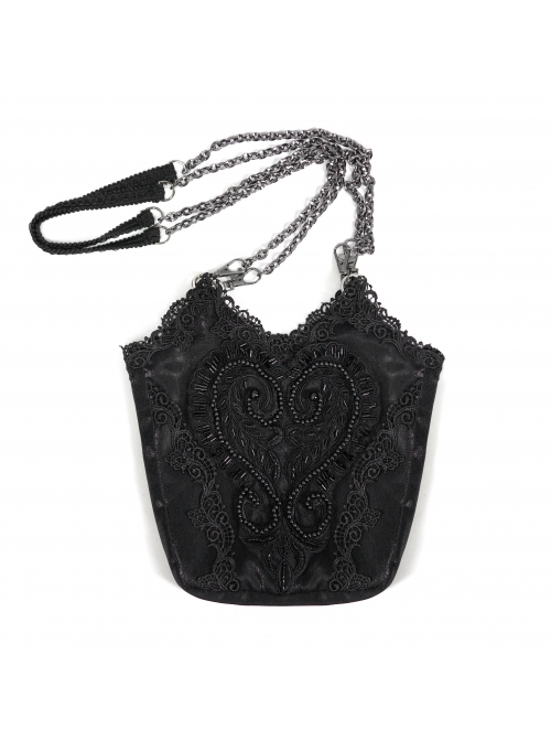 Gothic Style Lace Applique Beaded Front Center Decoration Adjustable Strap Black Daily Simple Bag