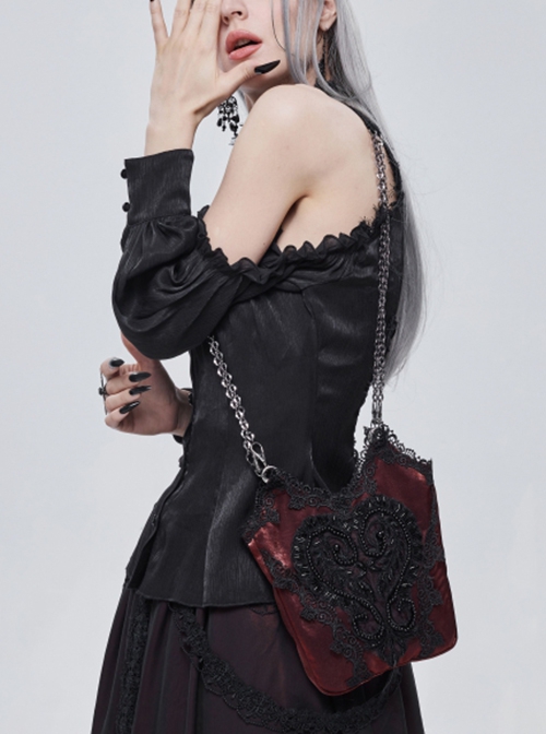 Gothic Style Lace Applique Beaded Front Center Decoration Adjustable Strap Red Daily Simple Bag