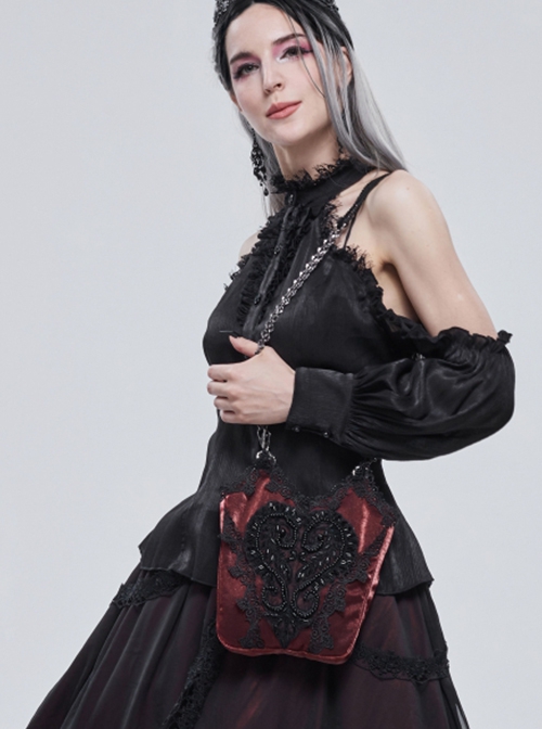 Gothic Style Lace Applique Beaded Front Center Decoration Adjustable Strap Red Daily Simple Bag