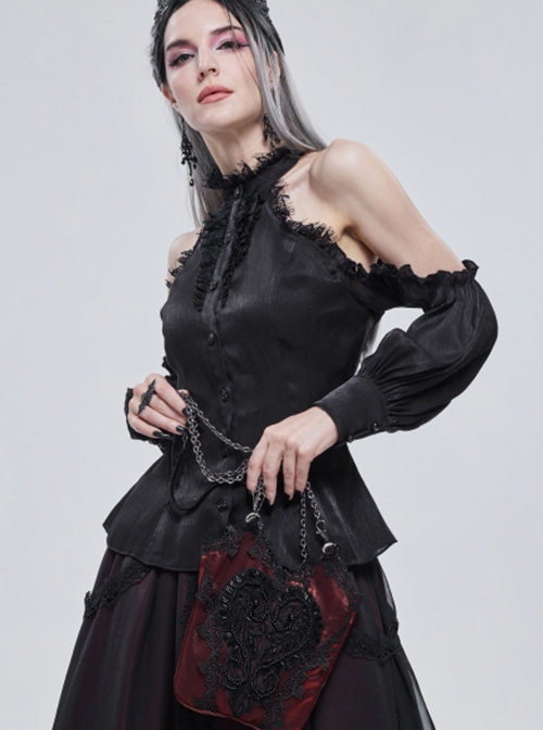 Gothic Style Lace Applique Beaded Front Center Decoration Adjustable Strap Red Daily Simple Bag