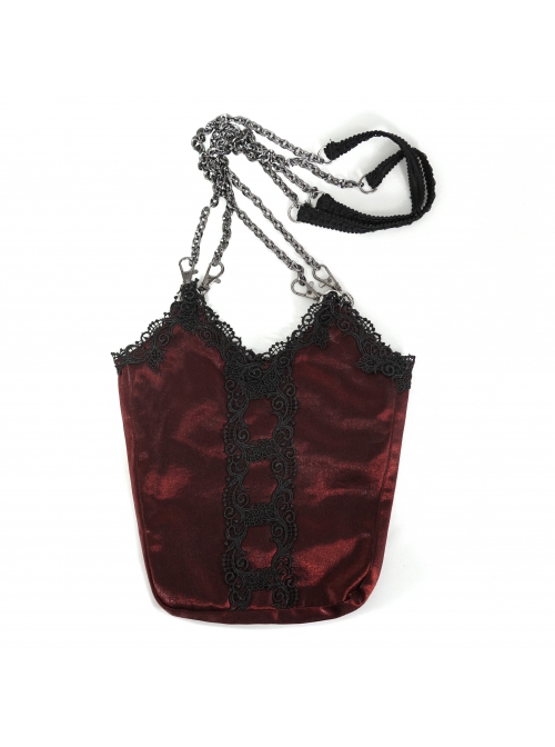 Gothic Style Lace Applique Beaded Front Center Decoration Adjustable Strap Red Daily Simple Bag