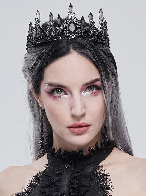 Gothic Style Gorgeous Crystal Diamond With Metal Spike Three Dimensional Pattern Black Crown Headdress