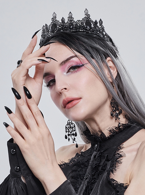 Gothic Style Gorgeous Crystal Diamond With Metal Spike Three Dimensional Pattern Black Crown Headdress