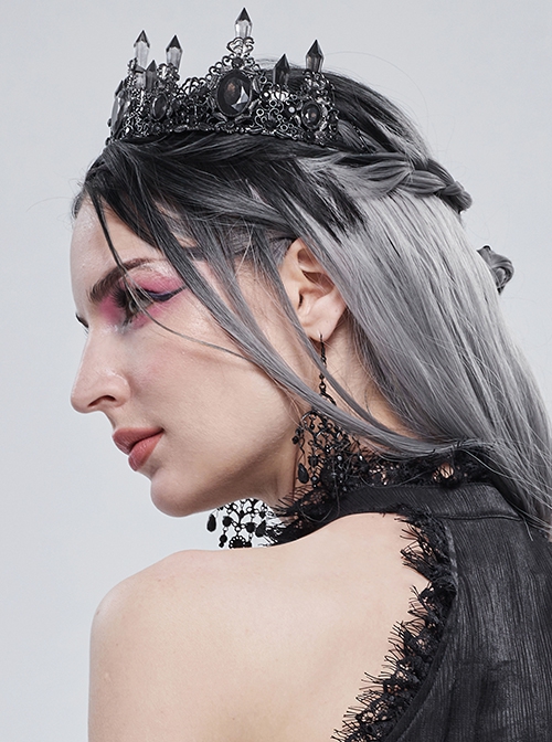 Gothic Style Gorgeous Crystal Diamond With Metal Spike Three Dimensional Pattern Black Crown Headdress