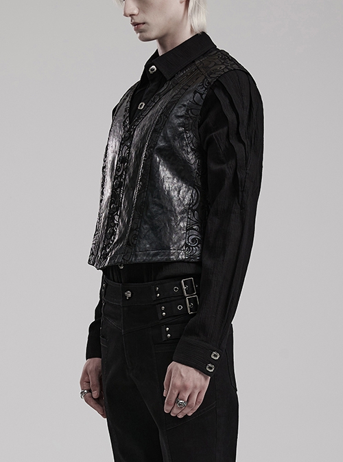 Gothic Style Elegant V Neck Vintage Metal Button Exquisite Velvet Dark Pattern Stitching Leather Black Vest