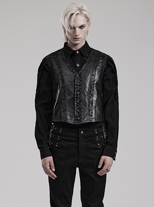 Gothic Style Elegant V Neck Vintage Metal Button Exquisite Velvet Dark Pattern Stitching Leather Black Vest